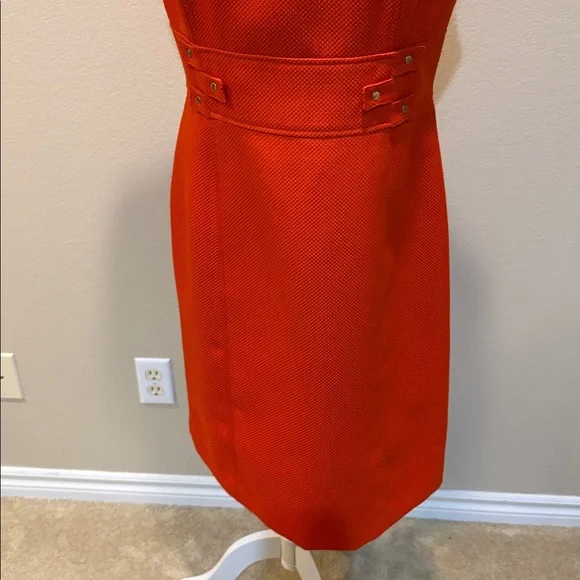 Structured Dark Orange Midi Sheath Dress with Gold Button Waist Detail-Size 8 - Picture 3 of 15
